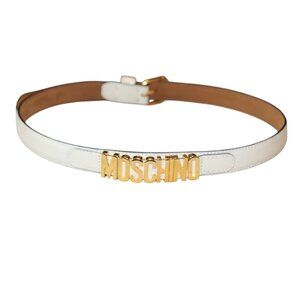 Moschino White Leather Belt With Gold Logo Buckle Statement Design, Size 40